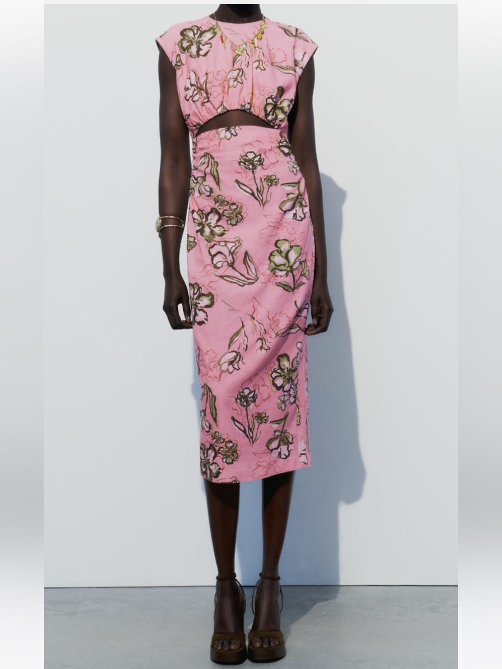 ZARA Pink Floral Cutout Midi Dress - NWT - Picture 3 of 11